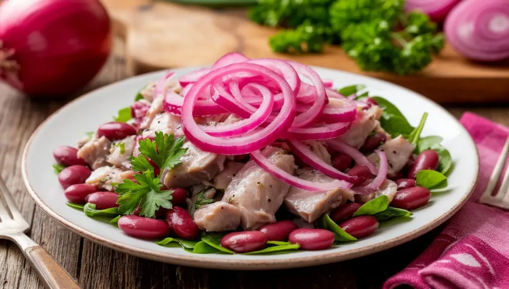 Готовлю невероятно вкусный салат с селёдкой и фасолью, добавляя маринованный красный лук